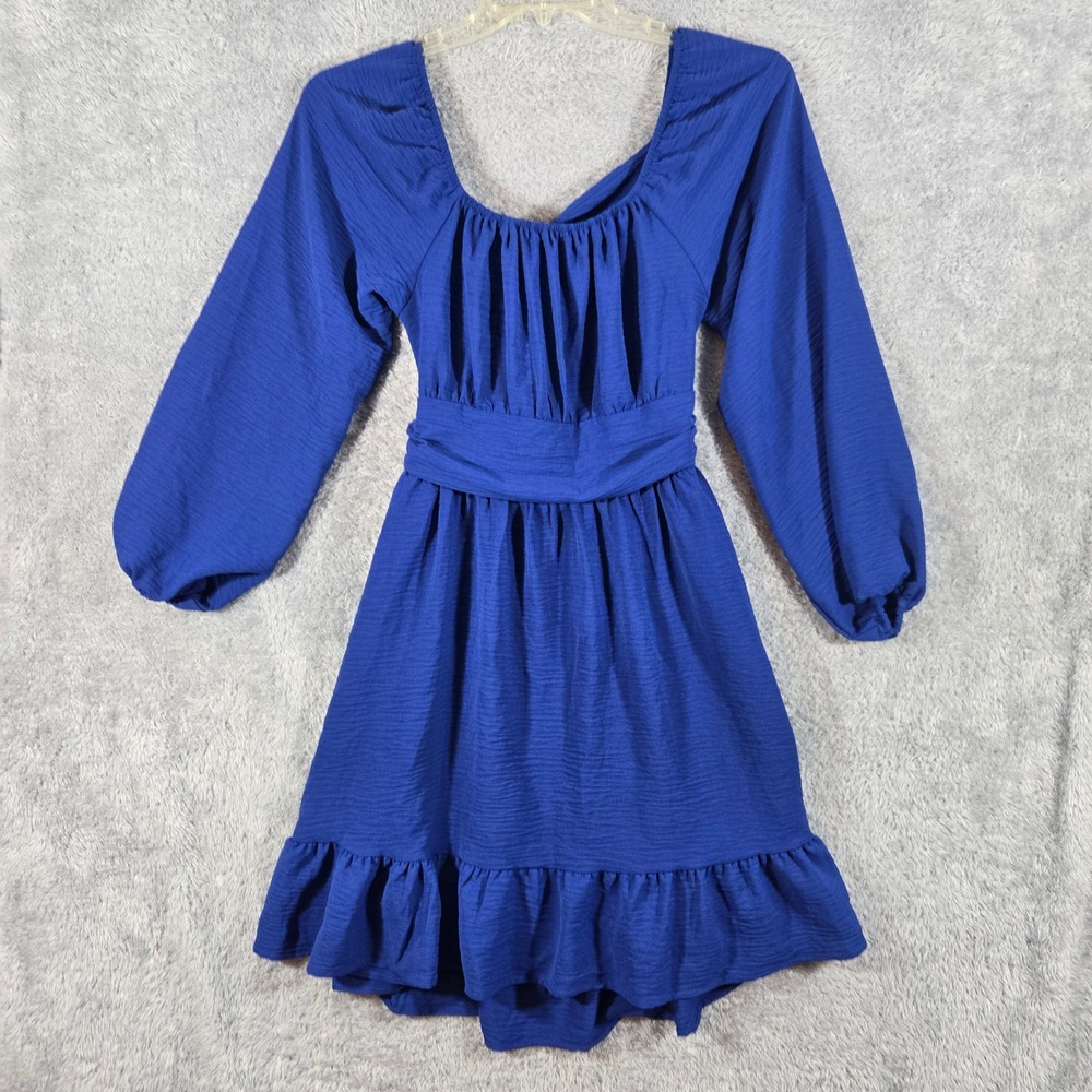 Dokotoo Royal Blue Tie Back Cutout Mini Dress Long Sleeve Ruffle Hem Size M